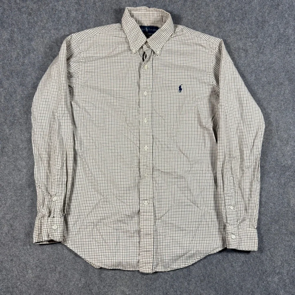 Polo Ralph Lauren Shirt Mens Medium Tan Navy Plaid Custom Fit Cotton Button Down